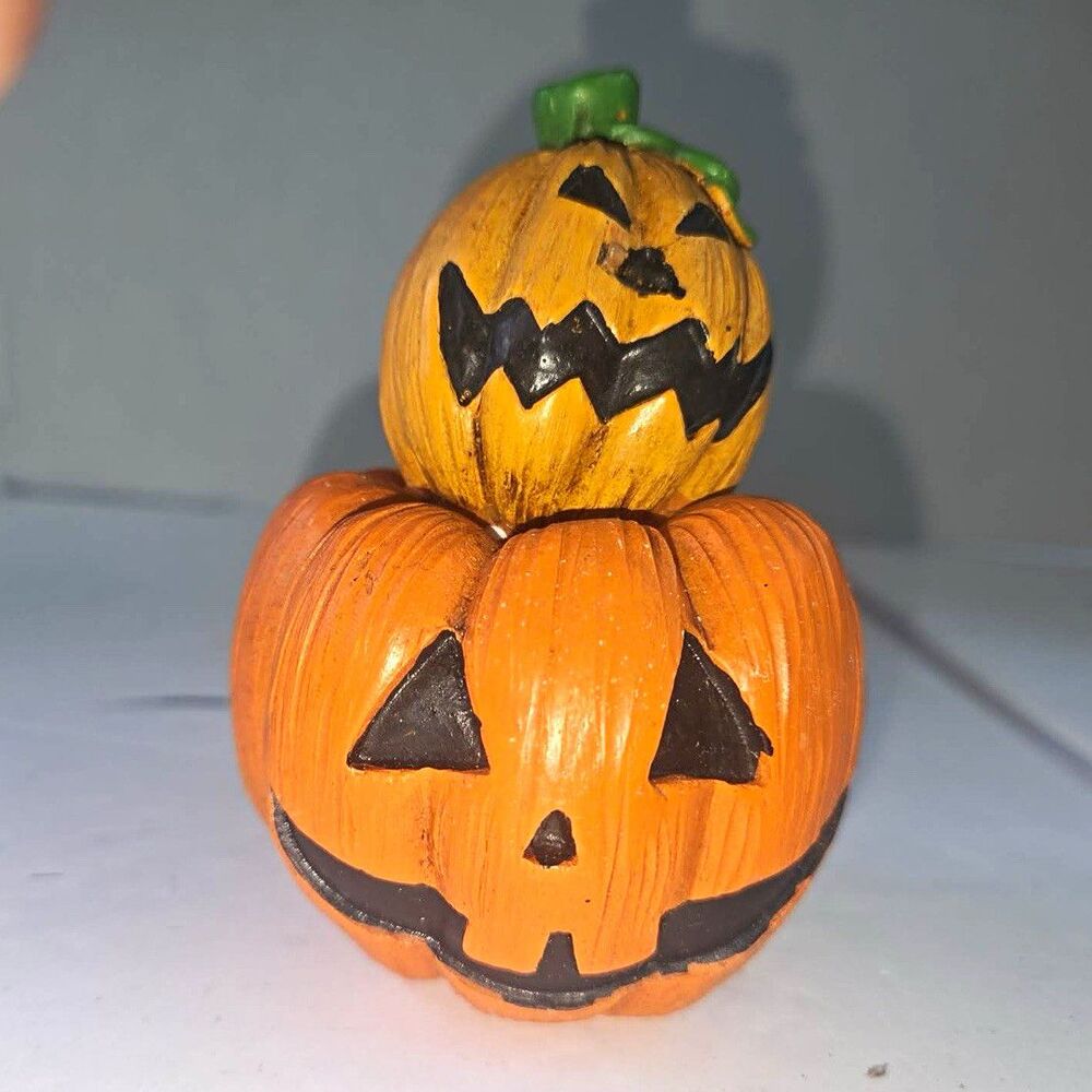 Halloween Stacked Jack-O-Lantern Pumpkin Figurine Orange Black Freestanding